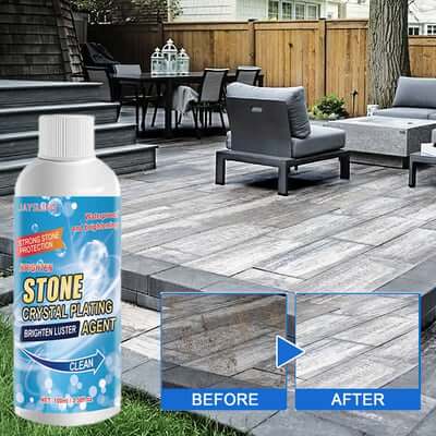 Tile marble cleaner before and after; restores shine and removes stains on stone surfaces, outdoor patio setting.